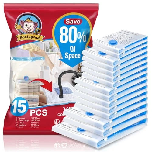 Offerta a tempo: BoxLegend Sacchetti Sottovuoto Vestiti 15 Pezzi Tipo Spesso Sacchetti Sottovuoto 1XXL+ 2XL+ 5L+ 5M+ 2S Riutilizzabili per Contenere Coperte Vestiti Lenzuola Piumoni Cuscini Marca - 31% da 33.99 € a 23.46 €