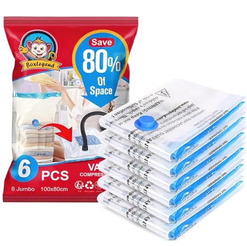 BoxLegend Vacuum Storage Bags 6 Jumbo 100x80cm Space Saving Double Zipper Seal Reusable Vacuum Compressiong Storage Bags for Duvets, Bedding, Suitcases, Pillows, Clothes, Quilts, Sweater, Comforters