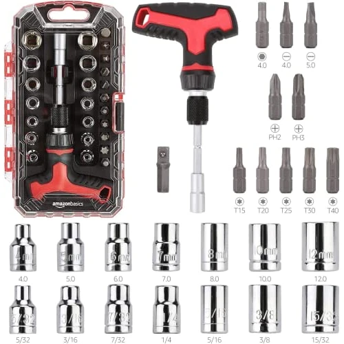 Offerta a tempo: Amazon Basics Set Cacciaviti a Cricchetto 27 Pz, Impugnatura a T Magnetica, 3 Pos. (Avanti/Indietro/Blocco), Acciaio Cr-V, Kit Compatto c/Custodia p/Piccole Riparazioni e Manutenzione Elettrodomestici - 15% da 9.33 € a 7.93 €