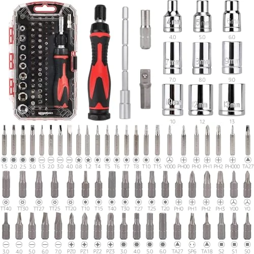 Offre limitée : Amazon Basics Ensemble clés magnétiques à cliquet et tournevis de précision pour l'électronique, 73 unité, lot de 1, Argent, Noir, Rouge de 17.62 € à 14.84 € (16% de remise)