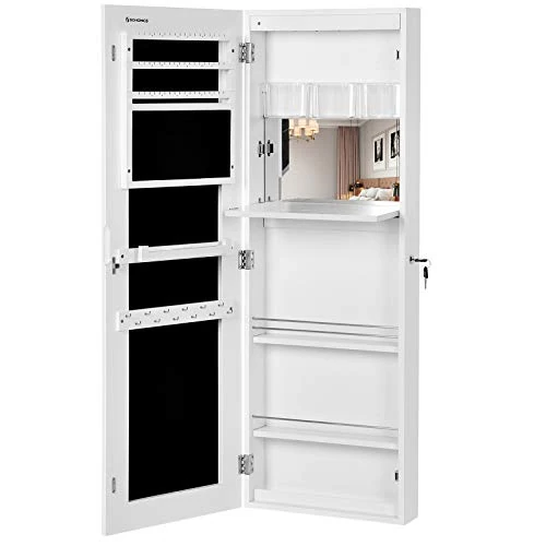 SONGMICS JBC63WV1 Sieradenorganizer, wit, met spiegel om op te hangen aan de muur