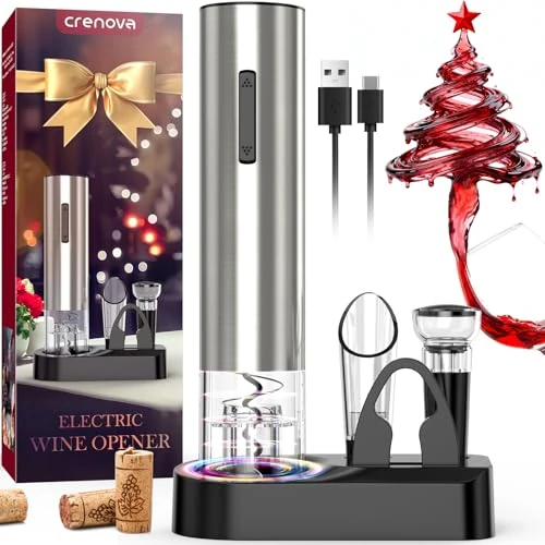 Crenova 4-in-1 Electronic Wine Opener, Rechargeable Automatic Corkscrew Wine Bottle Opener set with Wine Saver Pump, Wine Aerator and Wine Foil Cutter & USB Charging Cable, Elegant Black