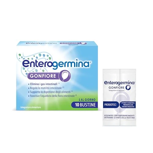 Enterogermina Gonfiore, Fermenti Lattici Probiotici, Prebiotici per Adulti - Integratori con Enzimi Digestivi ed Estratti Vegetali contro Pancia Gonfia e Gonfiore Addominale (10 Bustine Gusto Pesca)