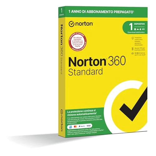Norton 360 Standard 2026, Antivirus 1 dispositivo, 1 anno rinnovo automatico, prodotto fisico