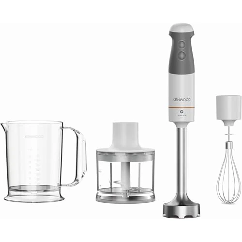 Kenwood Hand Blender HBM40.302WH, TriBlade System with 3 Blades, 1 Speed + Turbo, Metal Bar 20 cm, Includes Whisk, Measuring Cup, Chopper 0.5L, 850 W, White
