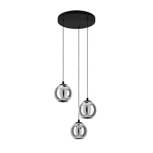 Eglo Ariscani Cluster Pendant Lamp, 3 Shades Dining Room Ceiling Light, Black Metal and Smoked Glass Hanging Light Fitting, E27 Socket, 16.7”