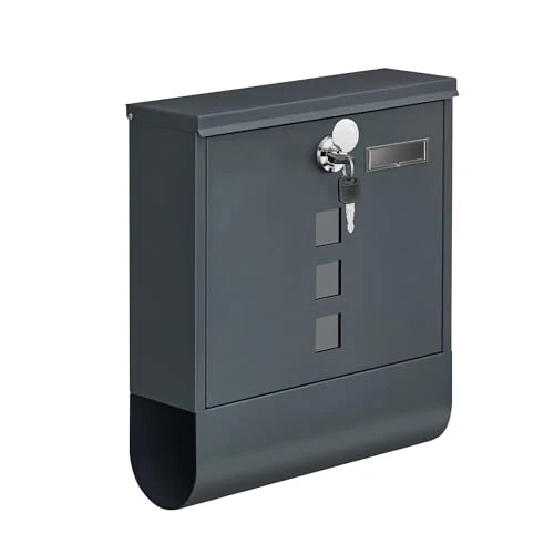 SONGMICS GMB20AG Wall-Mounted Post Box with Lock with Rotating Lid, Viewing Window, Name Holder, Newspaper Compartment, Easy Assembly, 10 x 30.8 x 33.8 cm, Charcoal Grey