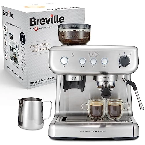 Breville Macchina per caffè espresso Barista Max, sistema Thermoblock con tecnologia PID, vaporizzatore, pompa italiana 15 bar, capacità 2.8 l, 1550 W, Macina caffè integrato, Argento