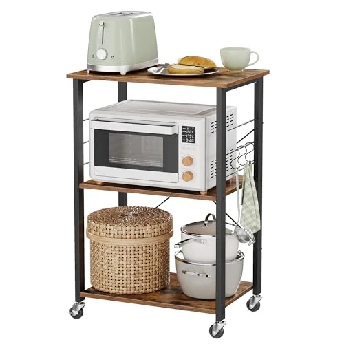 VASAGLE Keukenplank op wielen, serveerwagen met 3 planken, magnetronplank, voor mini-oven, broodrooster, met 6 haken, industriële stijl, rustiek bruin en zwart KKS60XV1