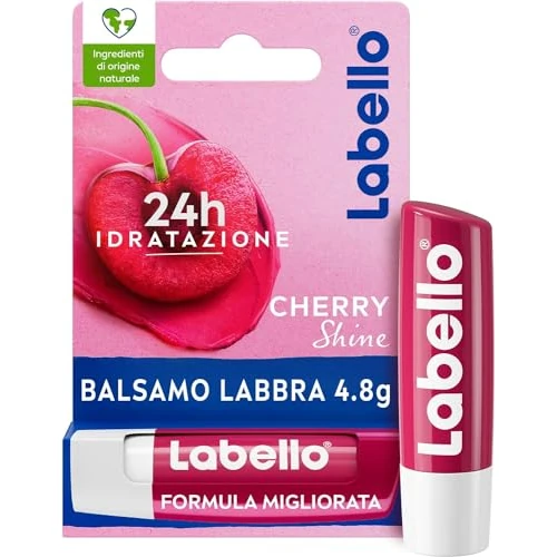 Offerta a tempo: Labello Cherry Shine Burrocacao labbra 4.8 g, Balsamo labbra colorato e nutriente all'aroma di ciliegia, Lip balm idratante per 24 ore con ingredienti naturali - 43% da 3.49 € a 1.99 €