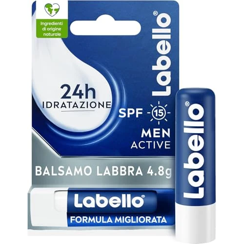 Offerta a tempo: Labello Active For Men 4.8 g, Burrocacao labbra SPF15, Balsamo labbra idratante con burro di karité e oli naturali, Burrocacao protezione solare fondente sulle labbra - 34% da 3.49 € a 2.30 €