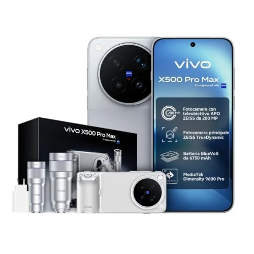Offerta a tempo: vivo X500 Pro Max Kit Creator Professionale Smartphone 5G 12 GB RAM + 1 TB | con 2 Teleconvertitori ZEISS (200 e 400 mm eq.), Grip Kit, Caricatore 90W, MediaTek Dimensity 9600 Pro, 6750 mAh - 6% da 2499.00 € a 2349.00 €