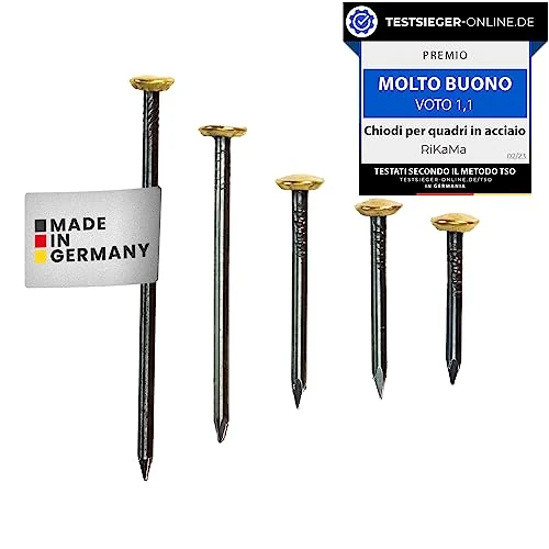 Oferta limitada: RIKAMA®–50 clavos para cuadros en mezcla de 10x20mm, 25mm, 30mm, 40mm, 50mm clavos de acero con cabezal de latón de 6mm como colgar imágenes para uso en, ladrillo, yeso y madera, fabricado en Alemania de 12.99 € a 12.99 € (ahorro 0.00%)