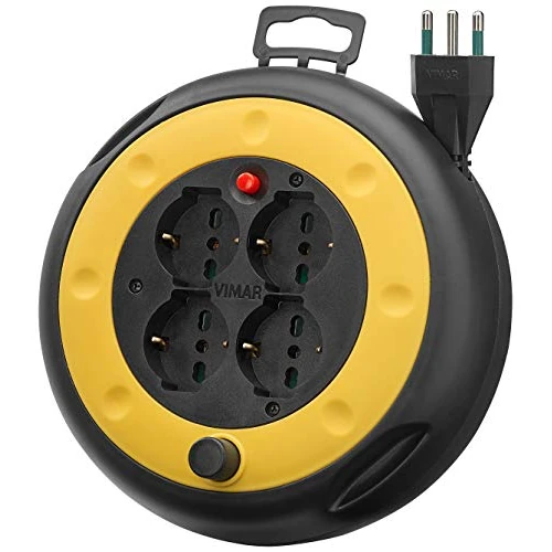 Vimar 0P32713 - Carrete de cable de 4 metros, con 4 enchufes universales a estándar italiano Sicury, enchufe 16A (grande) y disyuntor térmico de protección en caso de sobrecarga