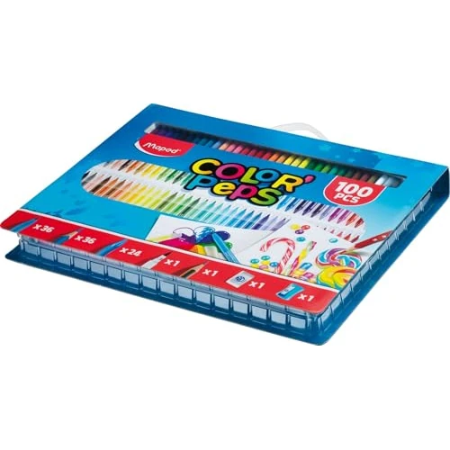 Maped Color' Peps 100 Piece Colouring Set & Carry Case (x36 Pencils, x36 Felt Tips, x24 Crayons, Board Marker, HB Pencil, Eraser and Sharpener), ASSORTED 907003