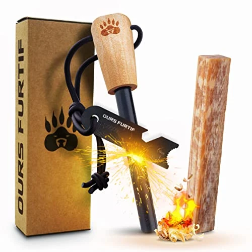 Offerta a tempo: Pietra Focaia Sopravvivenza - Acciarino per Fuoco XL 10mm - Accendere Oltre 15.000 Fuochi - Accendifuoco Ecologico Incluso - Accessori Campeggio, Bushcraft Accessori, Outdoor Survival (Legno di pino) - 0.00% da 15.99 € a 15.99 €