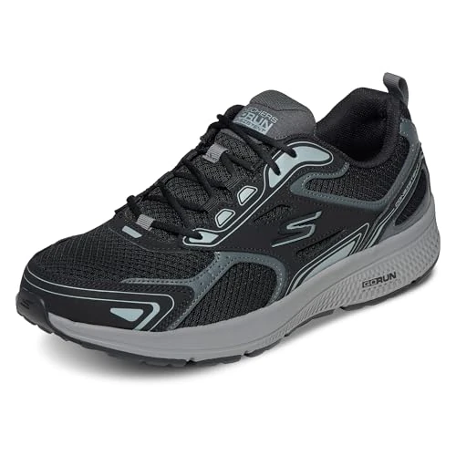 Skechers Go Run Consistent schoen voor heren, Zwart Leer Synthetische Grijze Trim, 8.5/9 UK