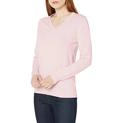 Amazon Essentials Women's Lightweight Long Sleeve V-Neck Cotton Jumper, Light Pink, M