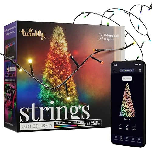 Twinkly Strings 250 LED RGB+Bianco, Striscia di Luci LED per Esterno e Interno, Luci Natale Smart Multicolore, Compatibile con Alexa e Google Home, Luci Mappabili, IP44, Controllo App, Filo Nero, 20m