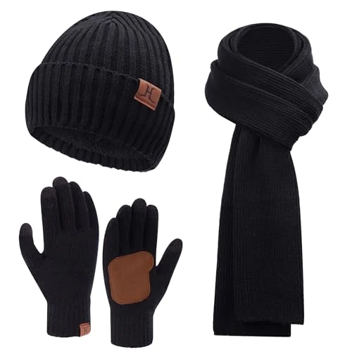 Herren Winter Warm Beanie Mütze Lange Schal und Touchscreen Handschuhe Set mit Fleece Gefüttert Wintermütze Strickmütze rutschfeste Winterhandschuhe Schals Geschenk für Männer, A Schwarz
