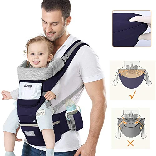 Ergonomische babydrager voor baby's van 0-36 maanden (minder dan 25 kg) met meerdere posities, met hoofdsteun en capuchon, puur katoen, ademend, licht, donkerblauw