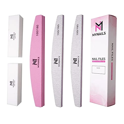 Mynails Professionelle Nagelfeilen, 5 Stück, 2 halbmondförmige Nagelfeilen 100/180, 2 Buffer für Nägel, weiß 180/180 und 1 Buffer-Nagelfeile, Halbmond, Rosa & Weiß, 100/180, personalisierbar.
