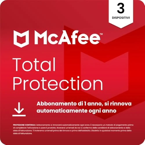 Offerta a tempo: McAfee Total Protection - 3 Dispositiv 2026 | Antivirus, VPN gestore delle password, software di sicurezza, monitoraggio dell'identità | Abbonamento di 1 anno con rinnovo automatico, Scarica - 86% da 96.95 € a 13.99 €