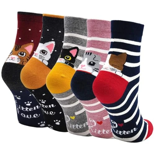 Zeitlich begrenztes Angebot: Damen Bunte Socken Lustige Socken mit Motiv Karikatur Tier Witzige Niedlich Katze Hund Coole Socken Baumwolle Weihnachten Geschenkideen für Frauen Mädchen 5 Paare, EU 35-42, 1.kätzchen von 14.98 € auf 14.98 € (0.00% Rabatt)
