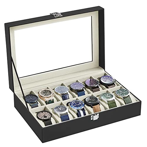 Zeitlich begrenztes Angebot: SONGMICS Uhrenbox mit 12 Fächern, Uhrenkasten, Glasdeckel, Uhrenkoffer, herausnehmbare Uhrenkissen, Metallverschluss, Geschenkidee, PU-Bezug in Schwarz, Samtfutter in Grünbeige JWB12BE von 19.99 € auf 16.99 € (15% Rabatt)