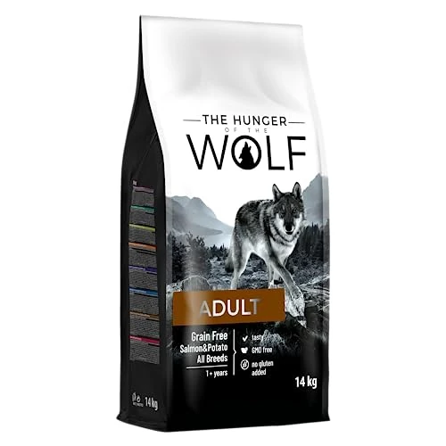 The Hunger of Wolf Alimento seco para perros adultos y perros alérgicos, fórmula delicada sin cereales con salmón y patatas- 14 kg