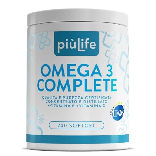 Offerta a tempo: Omega 3 IFOS 5 Stelle Certificato Con Vitamina D3 2000 UI PiùLife, 240 Softgel 2000mg EPA, 1000mg DHA Dose, Olio di Pesce Omega 3 Capsule Fish Oil, Trigliceridi, Cuore, Vista, Ossa, Cervello - 17% da 59.95 € a 49.90 €