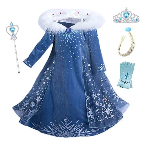 YOSICIL Enfant Fille Princesse Robe Deguisement Costume de Cosplay Halloween Carnaval Costumes Noël Anniversaire Fête Cérémonie Accessoires Baguette Manches Longues Robe,Bleu,130