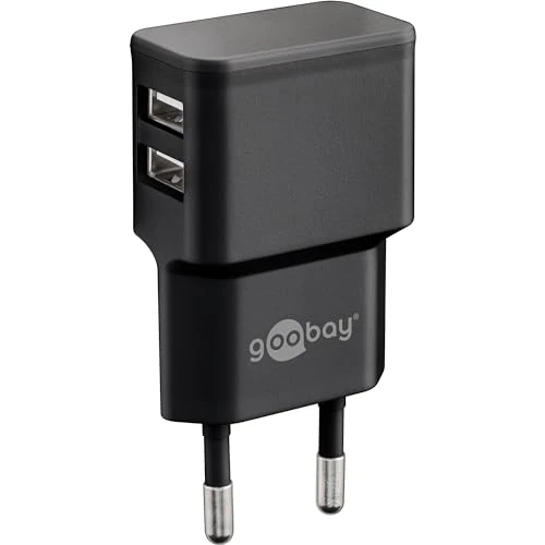 Goobay 44951 Alimentación USB/adaptador de 2 puertos para toma de corriente - Fuente USB de 2,4 A (12 W) con electrónica de protección para dos teléfonos móviles o tabletas, negro