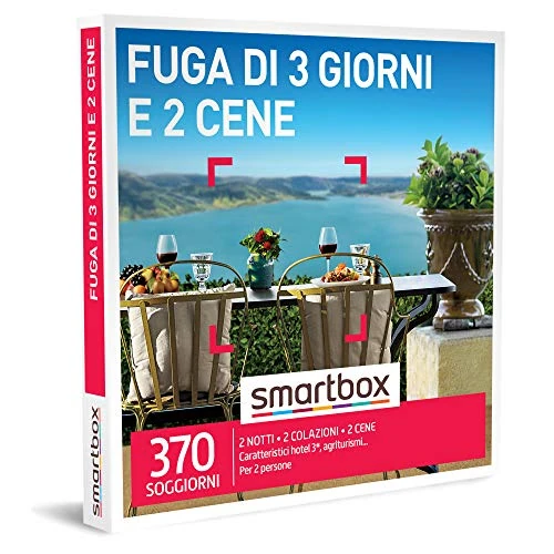 Offerta a tempo: Smartbox - Fuga di 3 Giorni e 2 Cene - Cofanetto Regalo Coppia, 2 Notti con Colazione e 2 Cene per 2 Persone, Idee Regalo Originale - 0.00% da 189.90 € a 189.90 €
