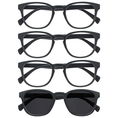 OPULIZE Pop Pack 4 Gafas De Lectura Con Lectores De Sol Retro Redondo Gris Mate Suave Hombres Mujeres RRRS2-7 +3,00