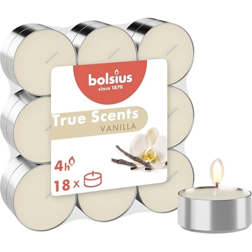 Offerta a tempo: Bolsius True Scents Tealights Profumati in Aluminium Cup - Fragranza Vaniglia - Set di 18 Pezzi - Colore Crema - Lunga Durata di 4 Ore - Candele Decorative - Cera - Senza Fumo - Valentino - 48% da 10.47 € a 5.49 €