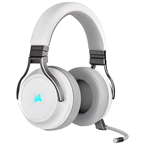 Corsair VIRTUOSO RGB WIRELESS, Auriculares para Juegos de Alta Fidelidad, Envolvente e Inmersivo 7.1, Micrófono Extraíble y Omnidireccional, para PC, PS4, Switch y Móviles, Blanco