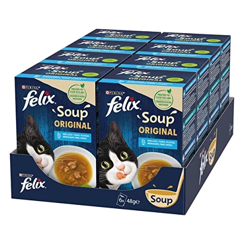 Purina Felix Soup Original Wilgotna karma dla kotów z dorszem, tuńczykiem i płaską płytką, 8 opakowań z 48 torebkami po 48 g
