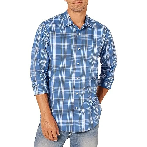 Amazon Essentials Camicia Casual in Popeline a Maniche Lunghe vestibilità Regular Uomo, Blu Acqua Motivo Scozzese, XXL