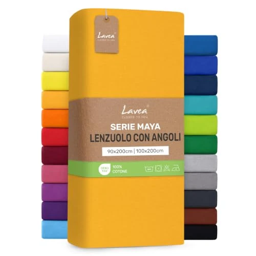 Offerta a tempo: Lavea® Lenzuolo con Angoli Singolo 90x200 cm - 100% Cotone Morbido e Traspirante - per Materassi alti fino a 20 cm - con Elastico in Jersey - Giallo oro - 0.00% da 17.95 € a 17.95 €