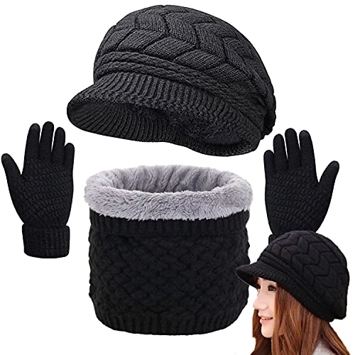 CheChury Inverno Hat Set Donna Guanti Touch Screen Berretto Sciarpa Cappello in Maglia,nero，Taglia unica