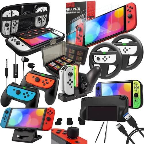 Oferta ograniczona: Orzly Geek Pack pakiet akcesoriów kompatybilny z Nintendo Switch: Etui i osłona ekranu, uchwyty Joycon i kierownice wyścigowe, stacja ładująca kontroler, pokrowiec i więcej, kolor: czarny, JetBlack z 220.78 EUR na 209.74 EUR (znizka 5%)