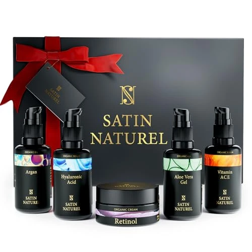 Tijdelijke aanbieding: Satin Naturel Luxe Cadeauset voor Vrouwen – Anti-Aging Geschenkset met 5×30 ml Hyaluronzuur Serum Nachtcreme Aloë Vera Gel Arganolie en Vitamine ACE Serum – Bio Huidverzorging – Kerstcadeau Idee van 49.99 EUR naar 49.99 EUR (korting 0%)