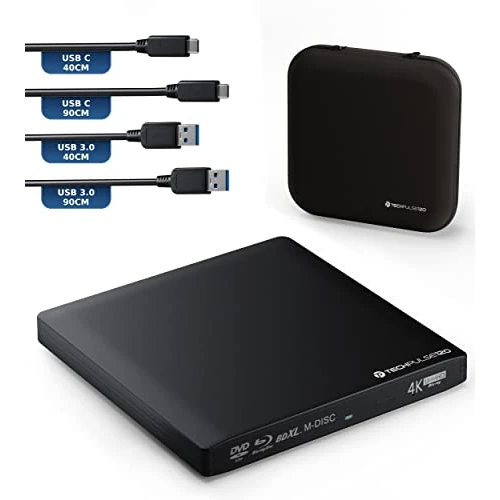 Offre limitée : techPulse120 Externe USB 3.1 USB-C Lecteur Graveur UHD 4K 3D M-Disc Blu-Ray DVD CD BDXL HDR10 128 Go Superdrive Windows macOS Deluxe Aluminium Noir de 199.90 € à 199.90 € (0.00% de remise)