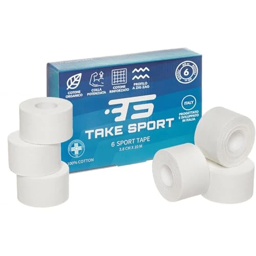 Offerta a tempo: TS TAKE SPORT - Tape sportivo, Nastro fasciature, Nastro Sportivo, Sport Tape, Tape dita crossfit, Nastro bendaggi sportivi 6 pz 3,8cmx10m, Non elastico Bianco cotone (Bianco cotone) - 0.00% da 21.97 € a 21.97 €