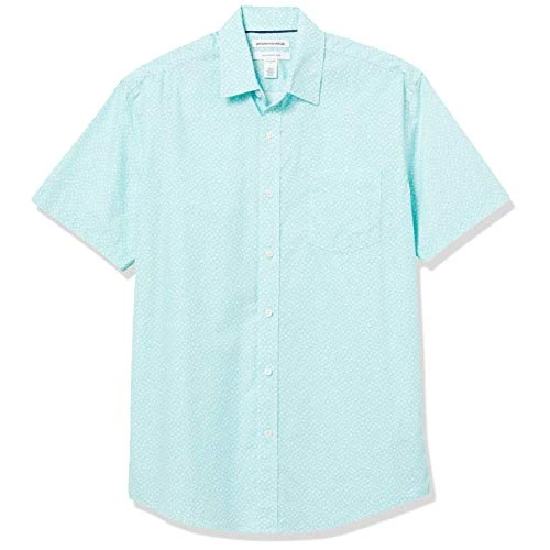 Tijdelijke aanbieding: Amazon Essentials Heren Regular-Fit Poplin Shirt met korte mouwen, Aqua Blue Leaf Print, XS van 17.29 € naar 17.29 € (0.00% korting)