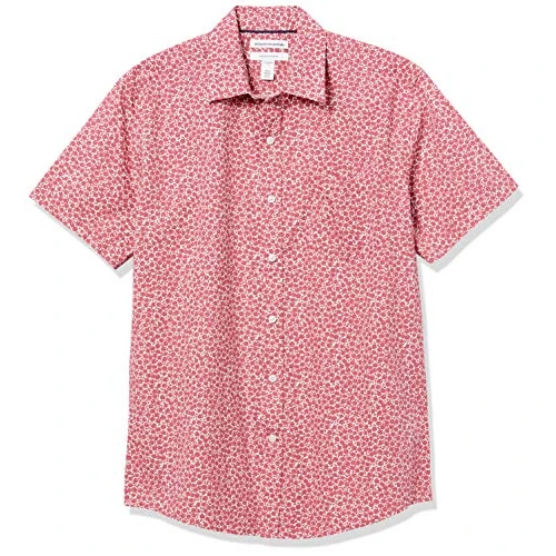 Amazon Essentials Camisa de Popelín de Manga Corta de Ajuste Normal Hombre, Rojo Efecto Lavado Rosas, XXL