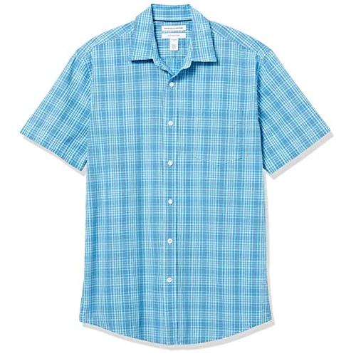 Amazon Essentials Men's Poplin overhemd met normale pasvorm en korte mouwen, Blauw Wit Plaid, XS