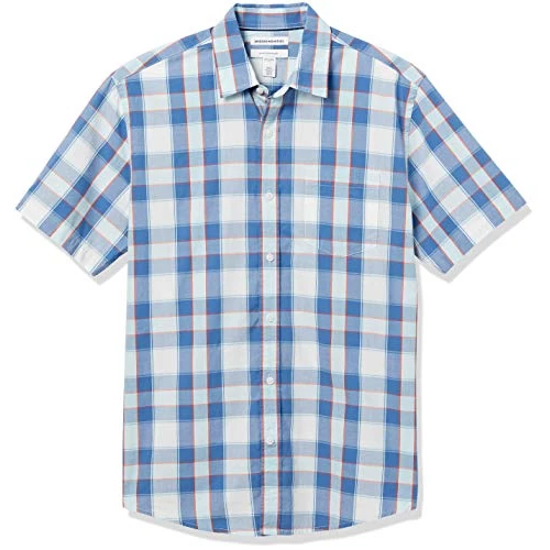 Amazon Essentials Camicia in Popeline a Maniche Corte Regular Fit Uomo, Blu A Quadretti, XXL