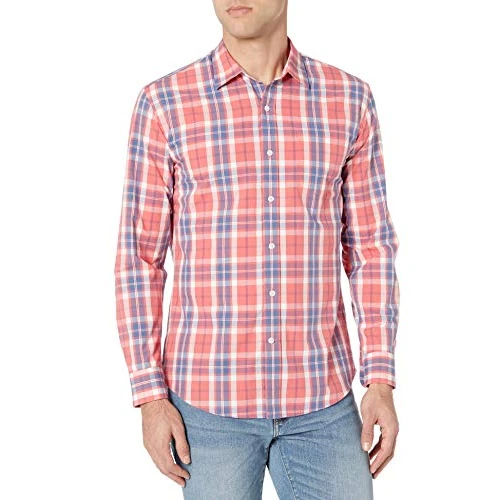 Amazon Essentials Men's Regular-Fit Long-Sleeve Casual Poplin Shirt, Washed Red Windowpane, XXL